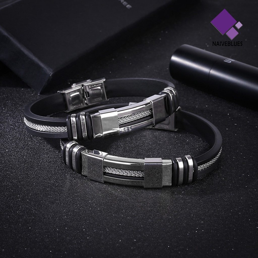 Naiveblue &gt; Gelang Bangle Kawat Stainless Steel + Silikon Lebar Untuk Wanita