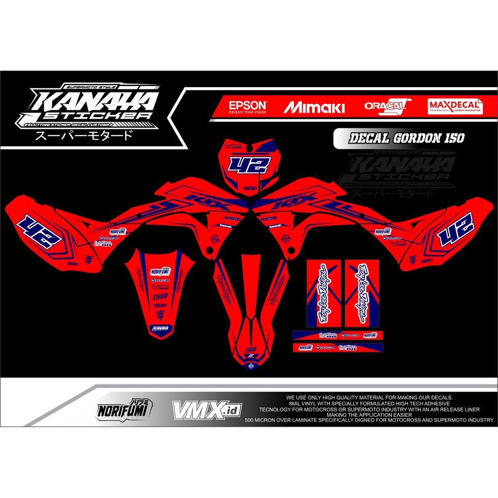 Decal KLX Gordon Decal Trail / Supermoto Decal Klx Desain Terbaru Warna Merah