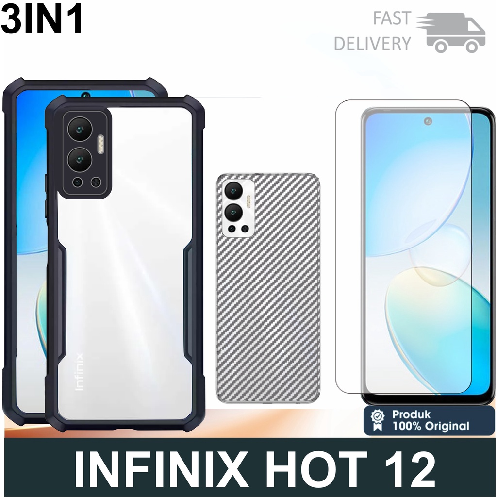 New Paket 3 in 1 Case Infinix Hot 12 (2022) / Hot 12i  Softcase Shockproof Transparan Free Anti Gores Layar Dan Skin Carbon Handphone