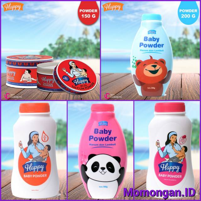 Happy Talcum/Baby Powder (Bedak) Bedak Bayi Baby Care Blue Pink Orange 100 150 200 gram Almond Vit E