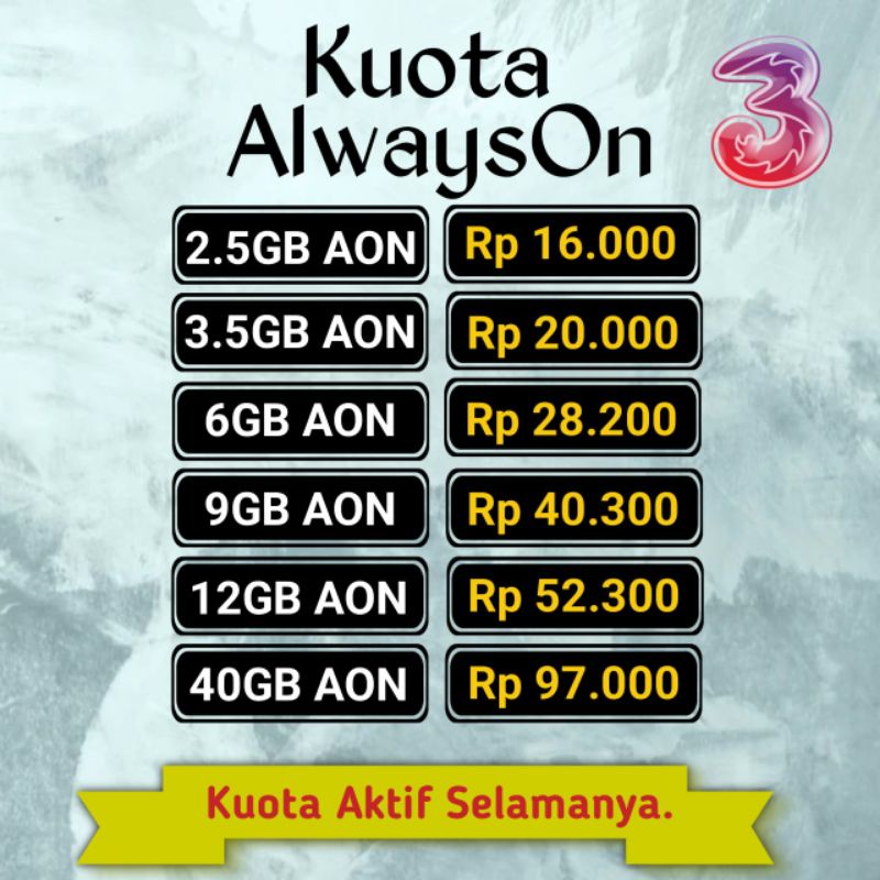 Kuota Tri AON 2.5GB 3.5GB 6GB 9GB 12GB 40GB Always On Internet Aktif Selamanya