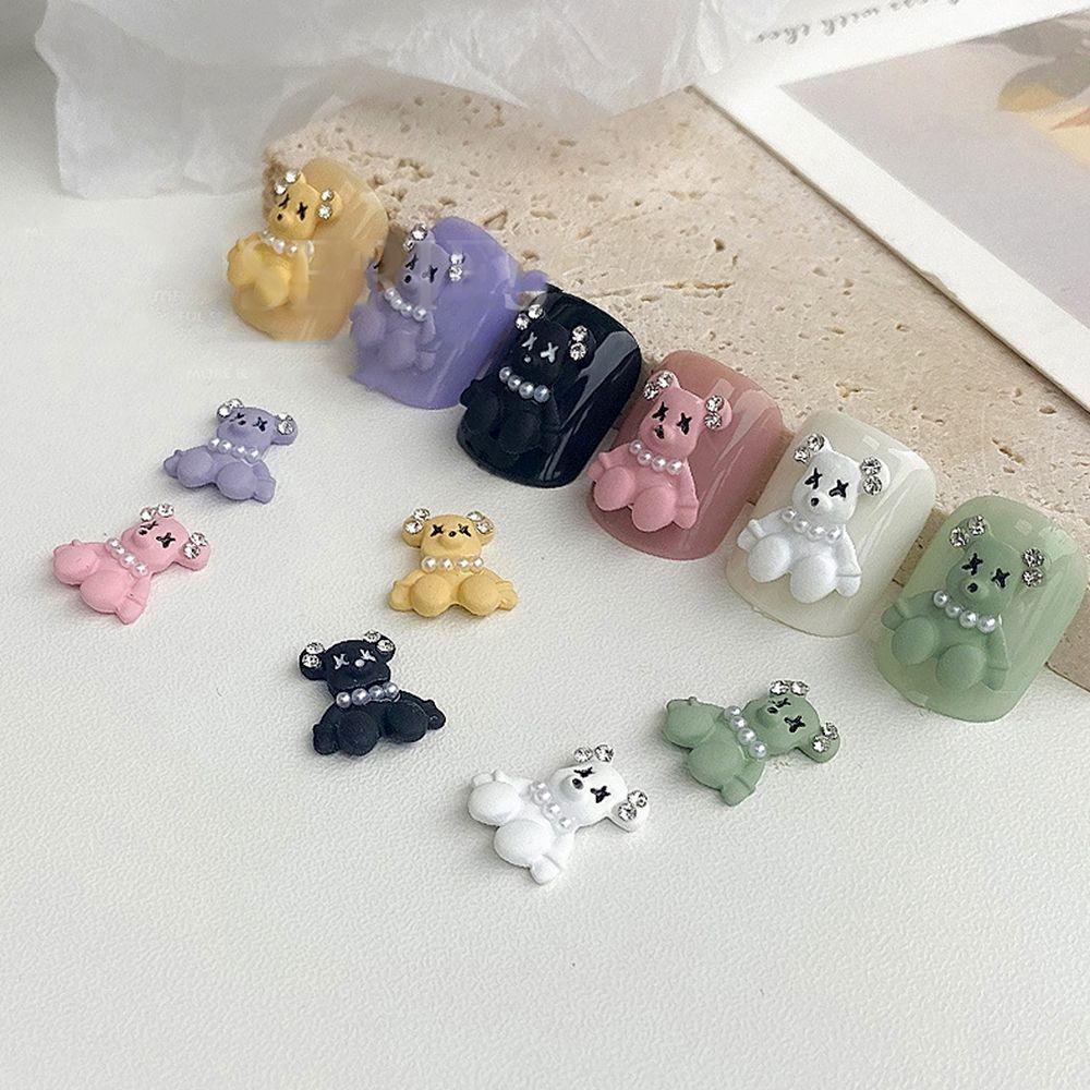 Augustina Bear Nail Charms 5 Pcs Permen Warna Mutiara Manikur Aksesoris 3D Beruang DIY Ornamen Kuku Berlian Imitasi