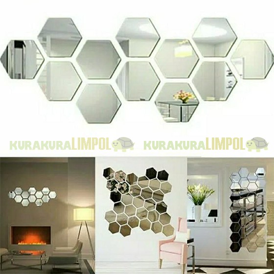 12PCS CERMIN KACA HEXAGONAL MIRROR DEKORASI HIASAN DINDING STICKER L