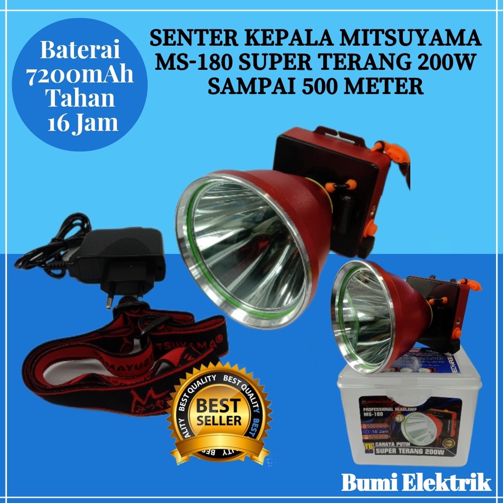 Senter Kepala Mitsuyama MS-180 Cahaya Putih Super Terang 200W Cahaya Sampai 500M Baterai 7200mAh Tahan 16 Jam / Headlamp T6 LED 200W Lampu Senter Kepala