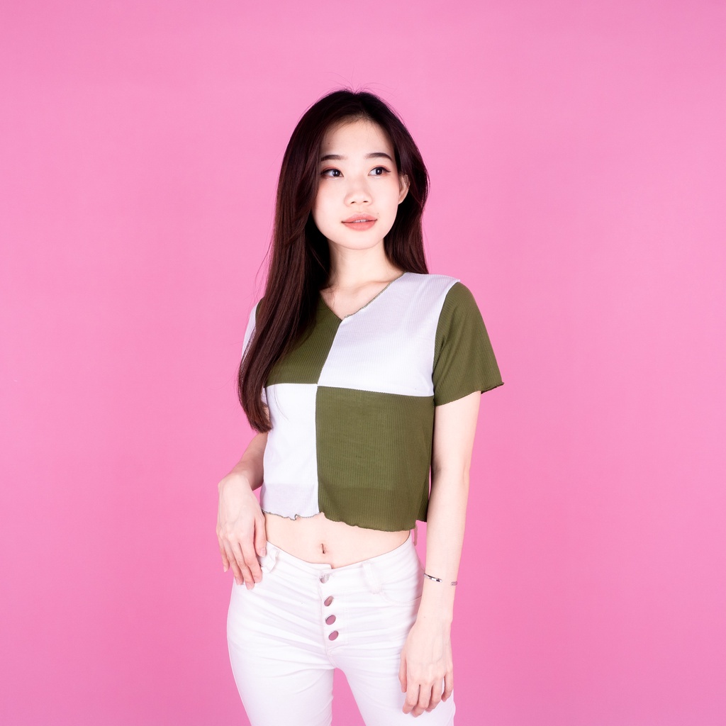 Seam Front Crop Combine Top - Crop Top Wanita RIB