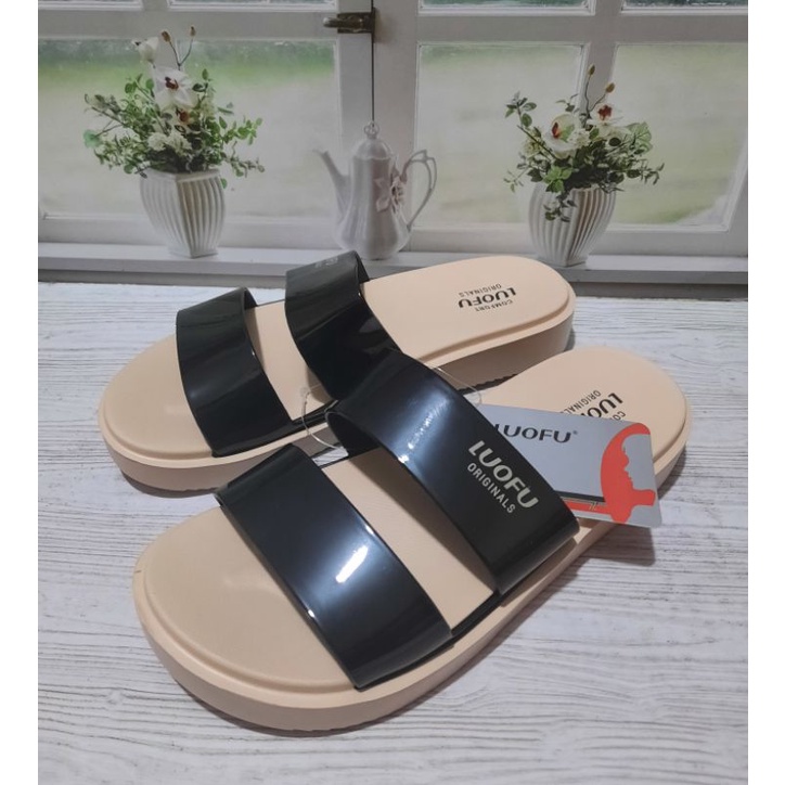 Sandal selop slip on  karet jelly wedges wanita terbaru dari luofu bisa COD sendal jelly karet