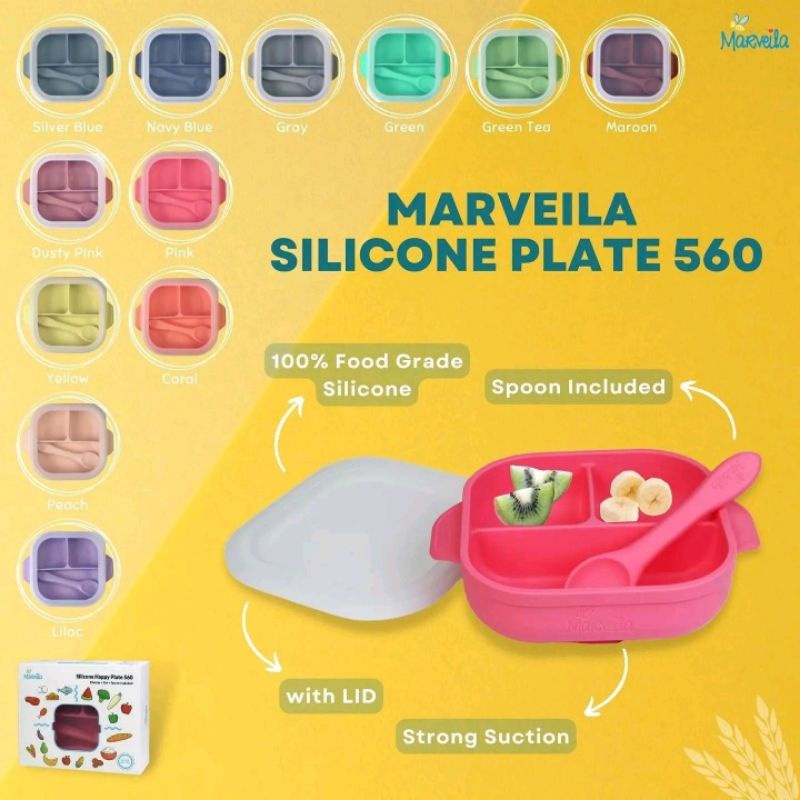 Marveila Silicone Happy Plate 560 Divider + Lid + Spoon Included