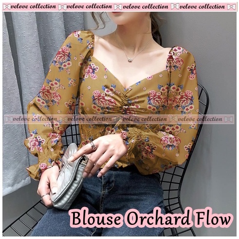 KALANTHA FASHION Chic Chiffon Top Vintage Blouse Wanita Motif Bunga Korean Style-6503 Kuning