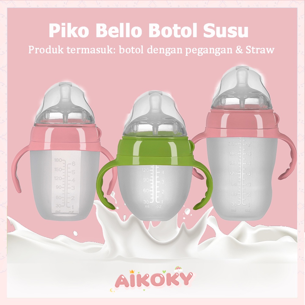 Aikoky Piko bello botol susu bayi Bahan silikon botol bayi leher lebar dengan pegangan dan jerami