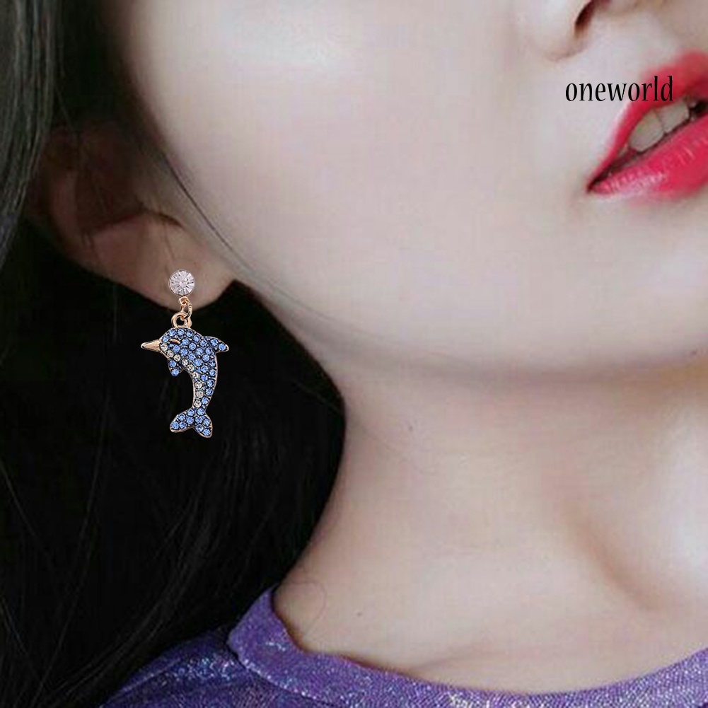 OW@ Cute Dolphin Shape Shiny Full Rhinestone Inlaid Women Stud Earrings Jewelry Gift