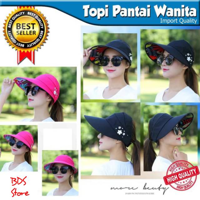 Topi pantai wanita import, topi anti UV gulung