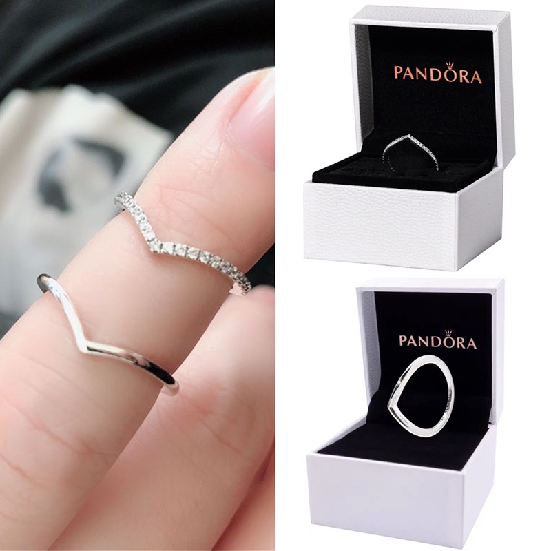 Pandora Cincin 925 Silver Bentuk V Aksen Kubik Zirkonia Berlian Untuk Hadiah Pernikahan