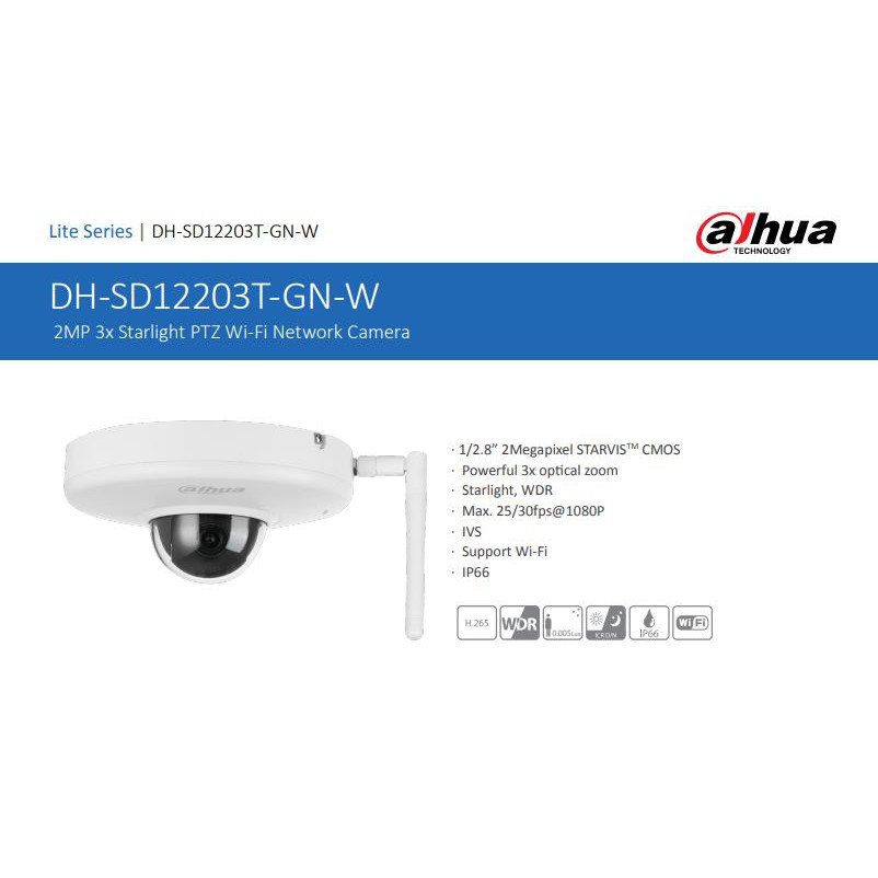 Dahua CCTV PTZ Network Camera SD12203T-GN 2MP 3x Starlight PTZ Wi-Fi