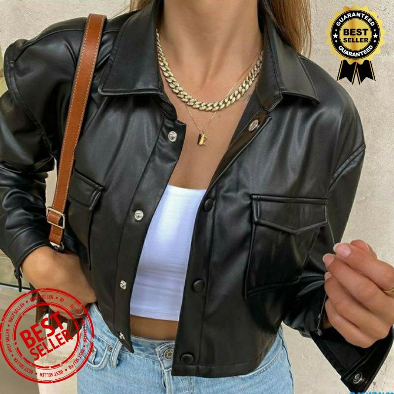 Leather Crop Shirt Leather Jacket Crop Kulit Sintetis Crop Top OOTD