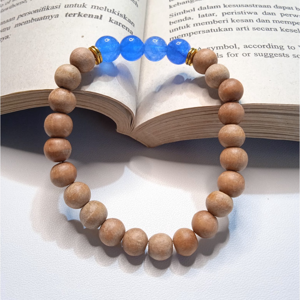 Gelang Batu Original Handmade Kayu Cendana Kombinasi Batu Alam Blue Agate