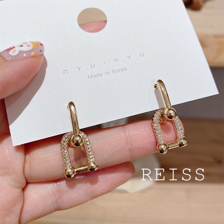 Korea Anting Fashion Zirkon Rantai Persegi Anting Kunci Kecil Anting Hoop Emas Geometris Tindik