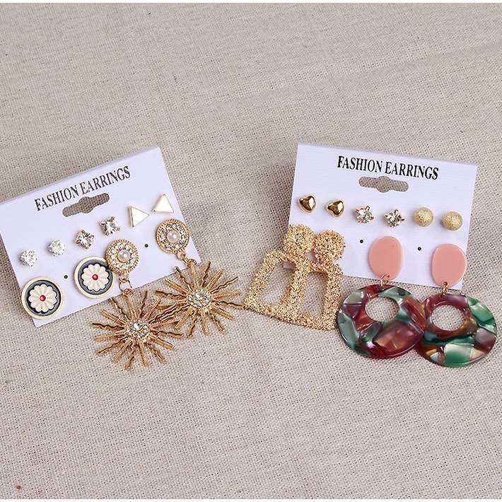 1set 6pasang Anting Wanita korea GIWANG Tusuk Gantung Bohemia Desain Geometri Hias Rumbai Alloy Wanita ANT31-2