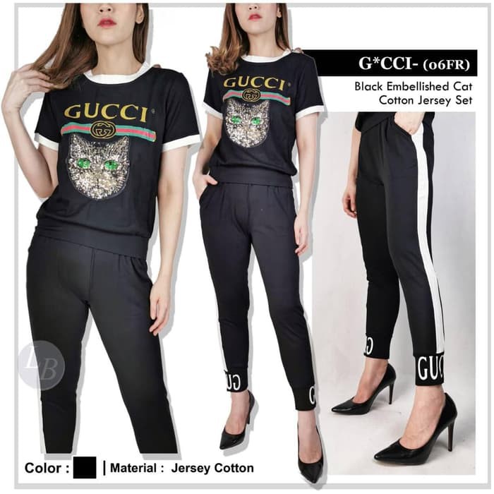 baju 1set wanita Gucci hitam dan putih Bahan kaos
