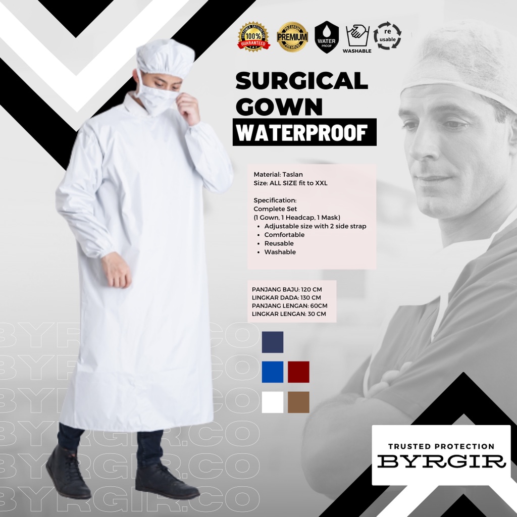 BYRGIR Surgical Gown biru Baju Bedah Gaun Operasi Medis Set Lengkap Waterproof APD Lengan Panjan