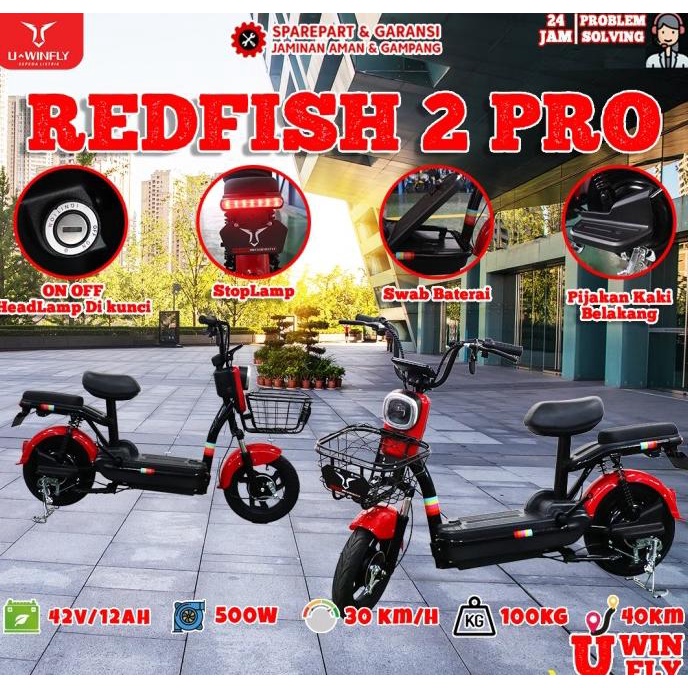 Murah Sepeda Listrik Rf 2 Pro Red Fish 2 Pro + Baterai Aki Lepas Uwinfly