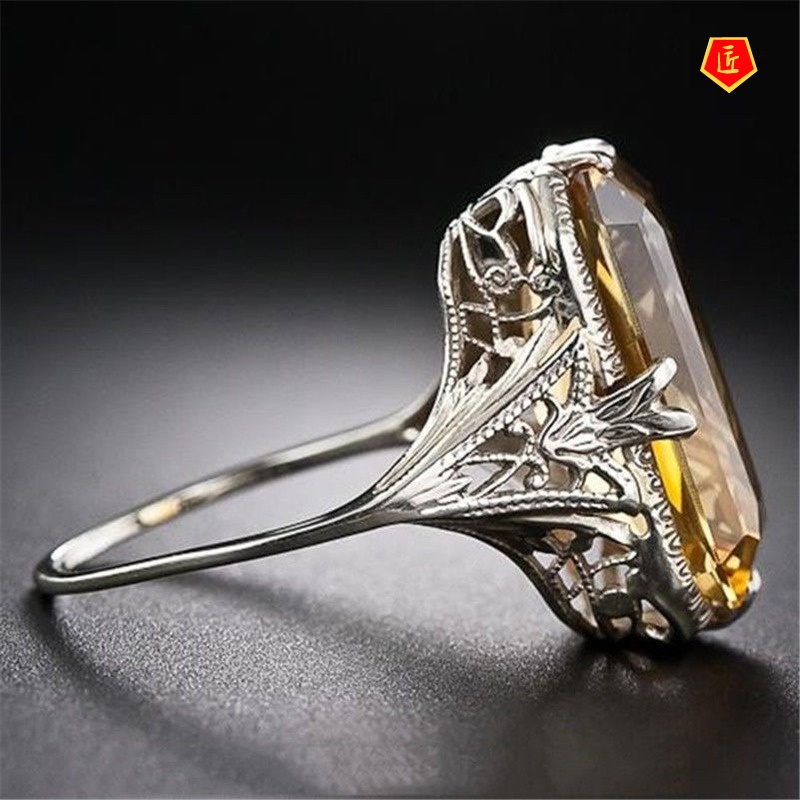 [Ready Stock]Citrine Hollow Carved Ring Fashion Exaggerated