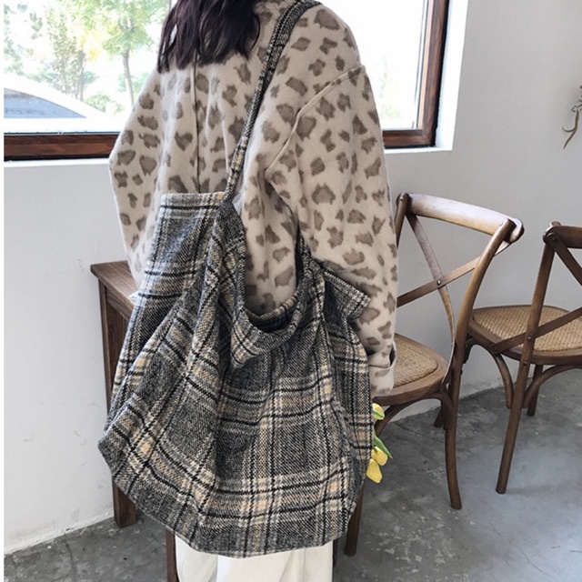 KOREAN RETRO PLAID PATTERN BIG JUMBO TOTE BAG / Vintage Tartan Korean Totebag / Tas Korea Kotak Kotak besar / shoulder bag