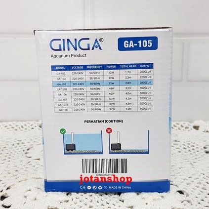 GINGA GA 105 GA105  Pompa Air Celup Kolam Hidroponik Aquarium Aquascape