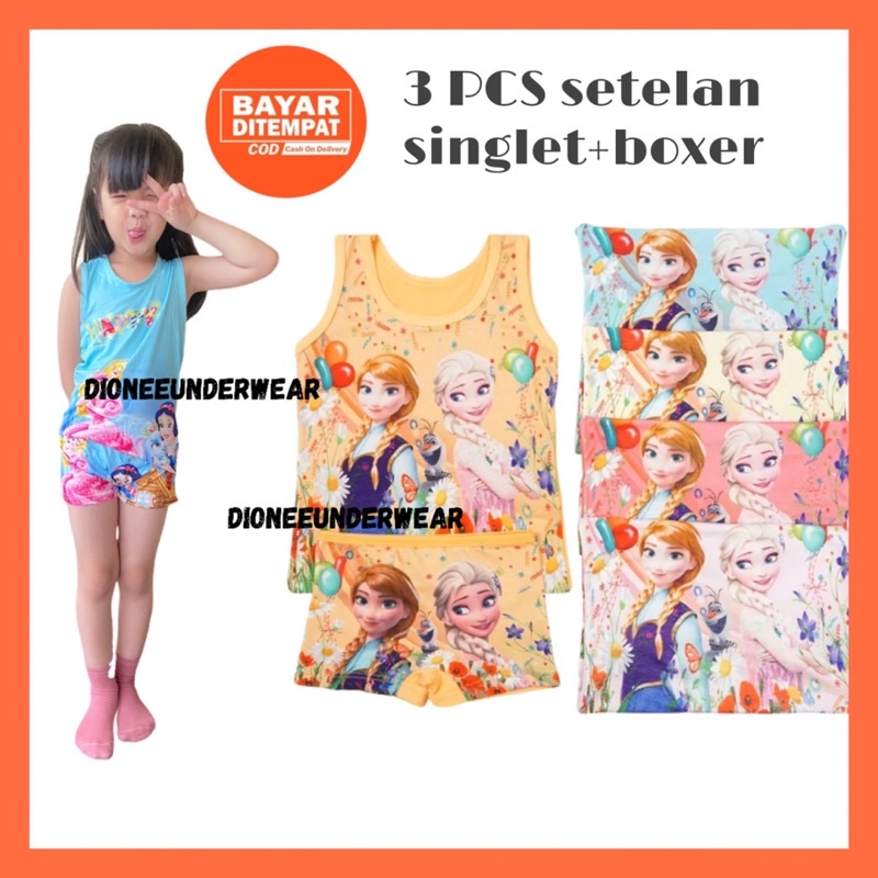 3 Pcs Setelan Singlet Anak Perempuan dan Boxer Anak Perempuan Setelan Baju Anak Cewek  Fashion