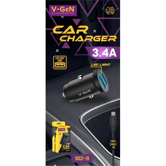 Car Charger V-GeN VCC2-19 3.4A Dual Port USB LED Charger Mobil VGEN ORIGINAL