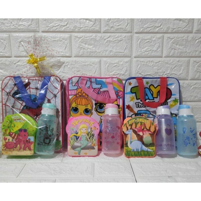 souvernir ulang tahun tas & botol minum kotak makan /paket bingkisan souvernir ulang tahun