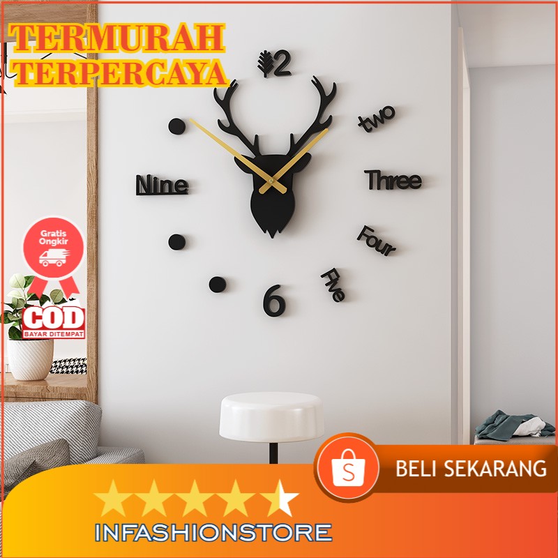PROMO Jam Dinding DIY Giant Wall Clock Quartz Model Deer Head 100cm jam hiasan unik bentuk rusa