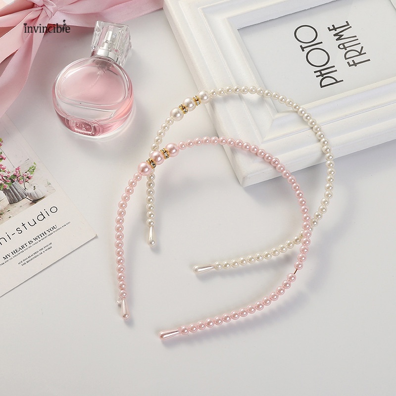 Women Elegant White Pink All Over Pearls Hair Hoop/ Bath Face Washing Makeup Headband