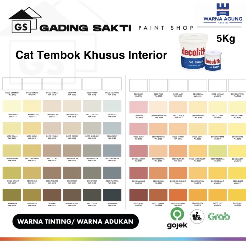 Cat Tembok Decolith (Khusus Warna Tinting / Oplosan) / Cat Tembok Khusus Interior Galon 5Kg