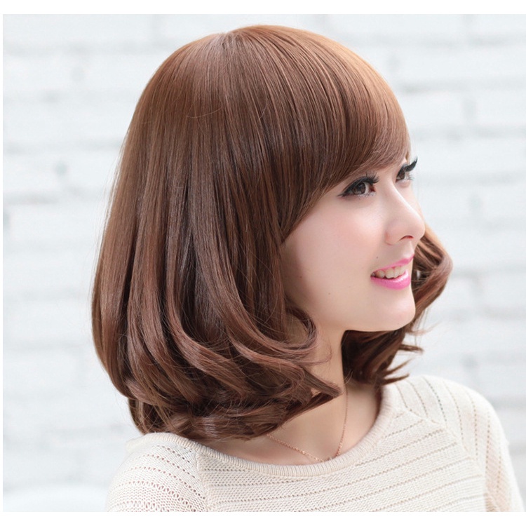 Wig Rambut Dewasa Full Lace Pendek Bergelombang / Short Hair Extension Curly Poni Depan Rambut Palsu Natural C4 F697