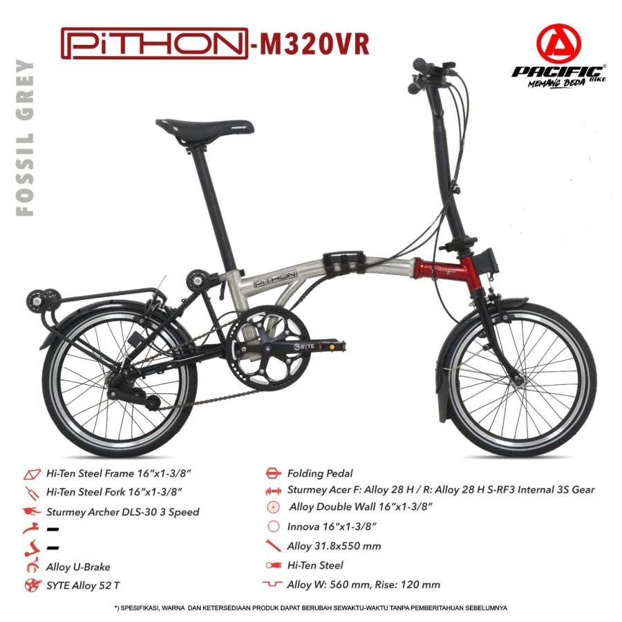 Sepeda Lipat Pacific STEEL PITHON M320VR 1x3 MD 16 Inch Garansi SNI-5