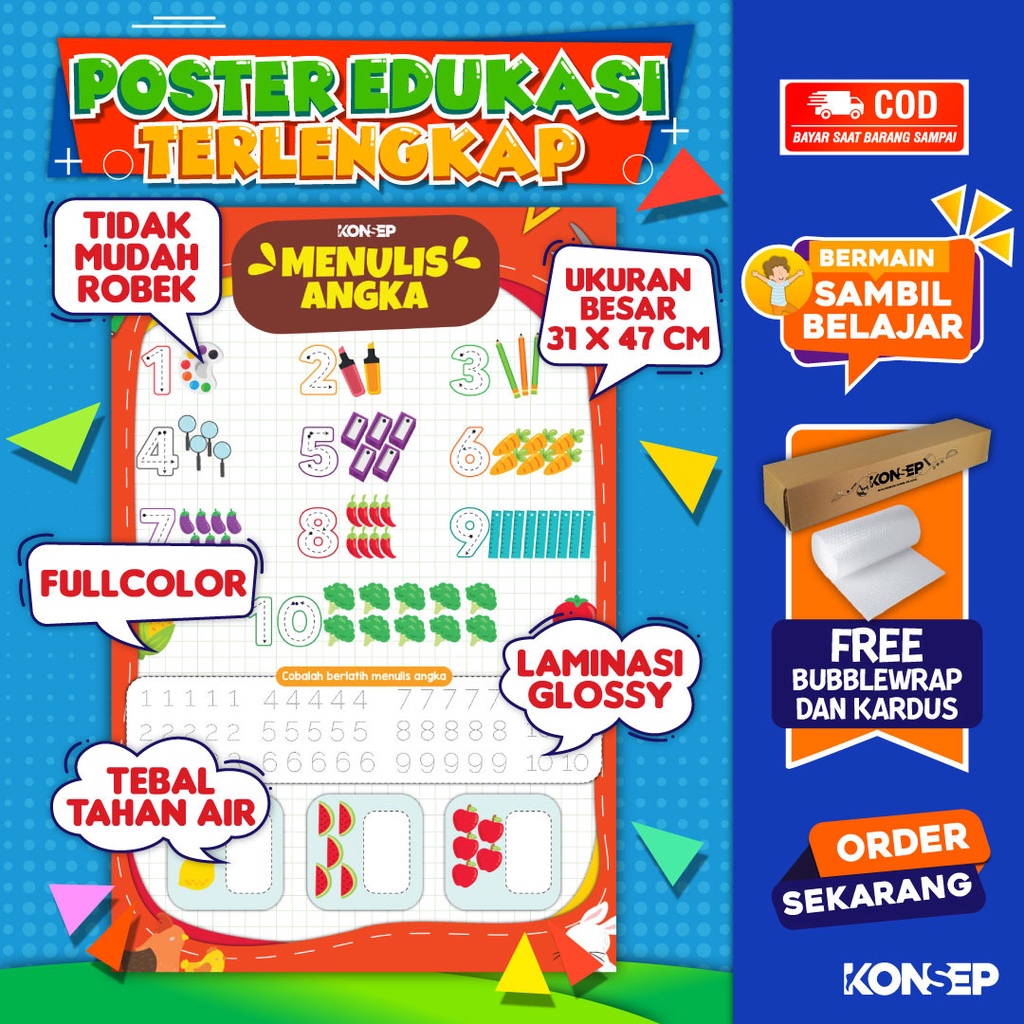 Konsep Poster Edukasi Pendidikan Anak Belajar Menulis Angka Paud Balita TK Toodler SD Laminasi Glossy Tahan Air