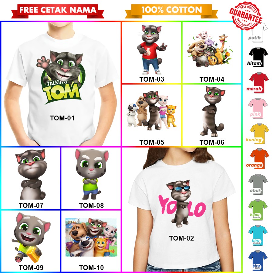 [FREE NAMA!!] Baju Kaos ANAK DAN DEWASA TALKING TOM BANYAK MOTIF