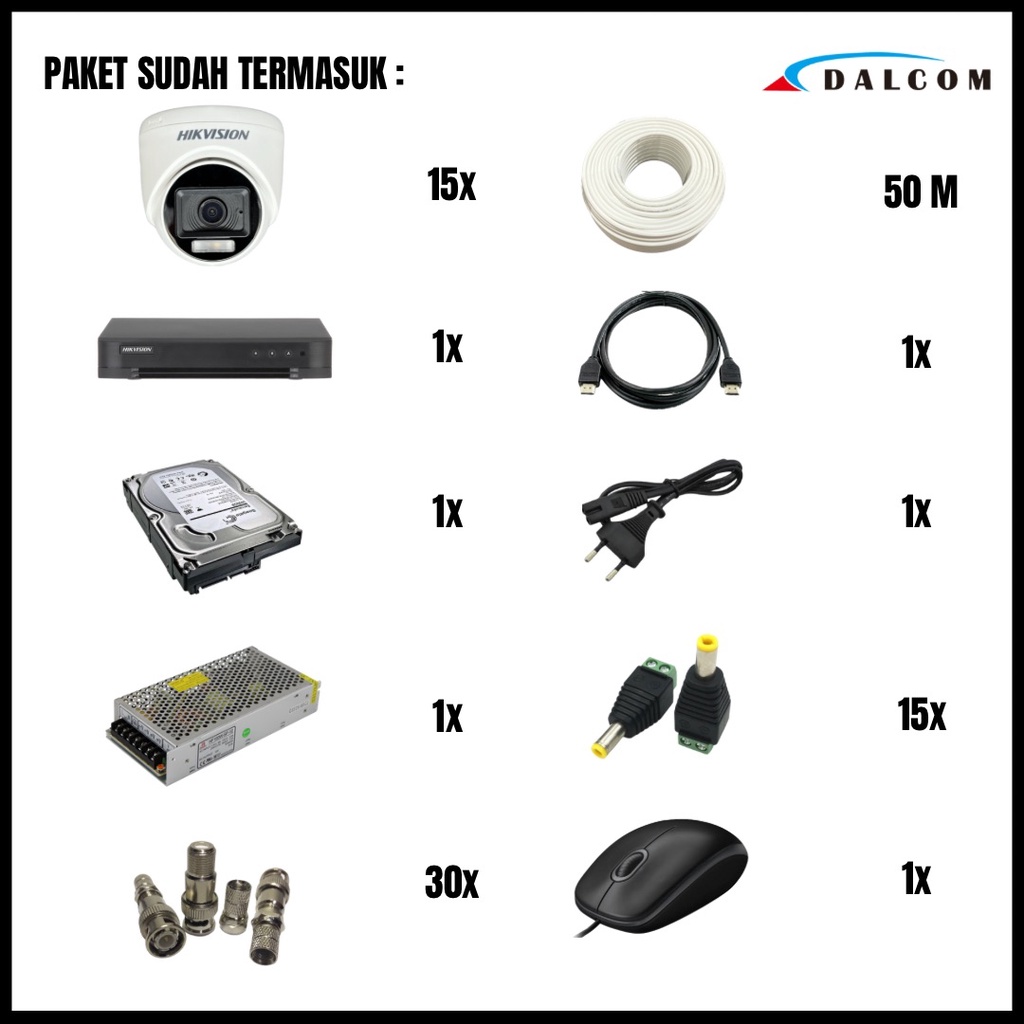 PAKET CCTV HIKVISION COLORVU 2MP 16 CHANNEL 15 CAMERA KAMERA CCTV COLORFUL