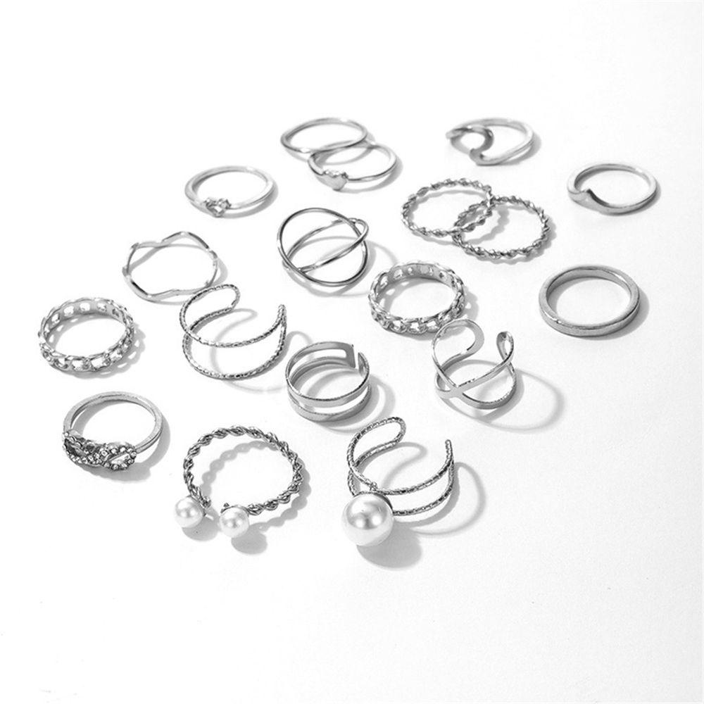 Solighter 18pcs/Set Cincin Set Perhiasan Aksesoris Mutiara Hollow Bohemian