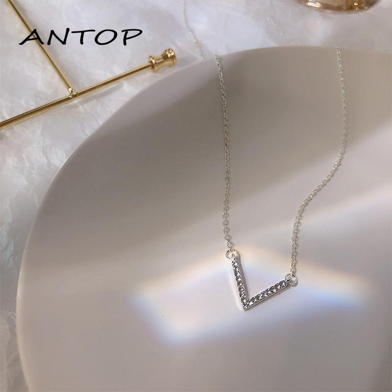 Kalung Rantai Sterling Silver 925 Dengan Liontin Kristal Zircon AAA Bentuk V Untuk Wanita