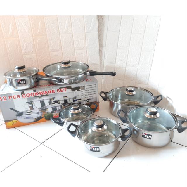 Cookware Set 12 Piece Stainless Steel SA 555 Tutup kaca