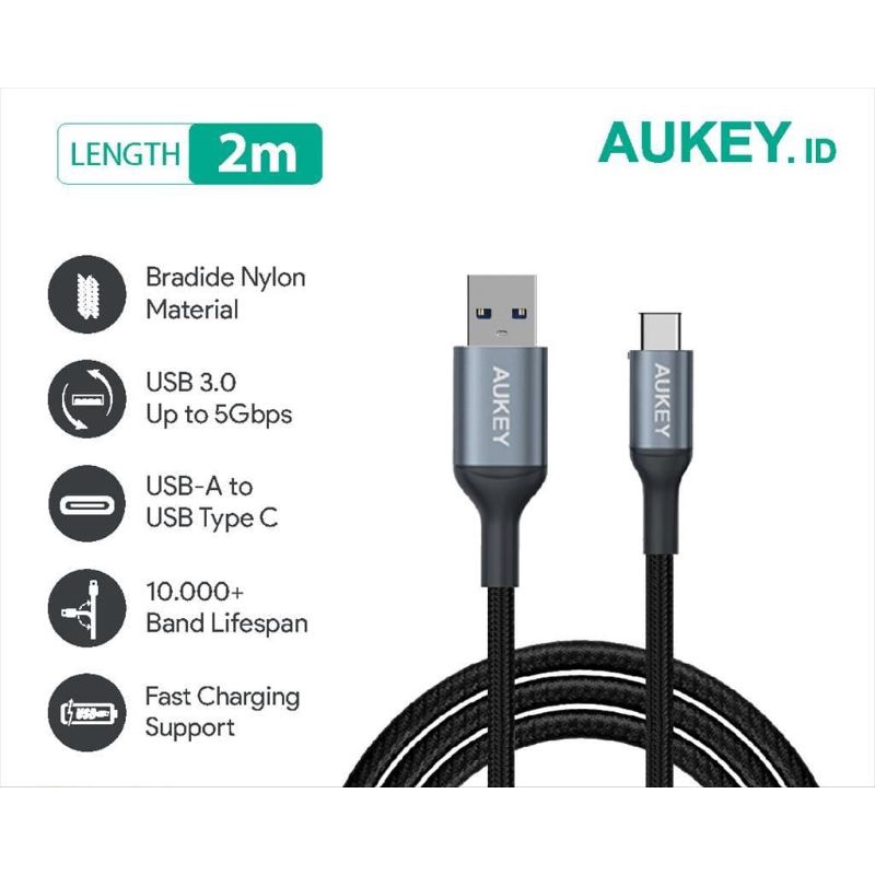 Kabel Charger Type C Aukey CB-CD40 2m Braided Nylon USB 3.0