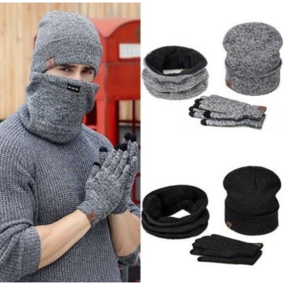Set 3Pcs Topi Kupluk Hangat+Syal+Sarung Tangan untuk Winter Musim Dingin