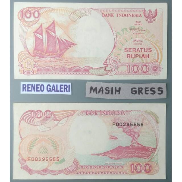 Gress Mulus Asli 100 rupiah Perahu Pinisi tahun 1992 Rp uang kertas kuno duit jadul lawas lama Indonesia Original bukan Kapal layar 1991 phinisi