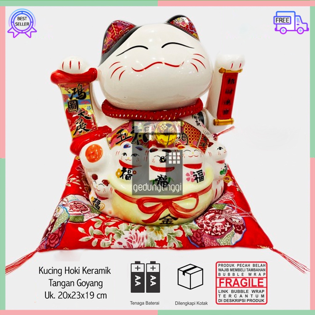 Pajangan Patung Hiasan Dekorasi Boneka Kucing Panggil Hoki Maneki Neko Maneko Neki Lucky Cat Rejeki Rezeki Keberuntungan Keramik Cina China Jepang Baterai Batrai Batre Listrik Tangan Gerak Goyang Hias Meja Etalase Toko Kantor Resto Cafe Kafe Murah Diskon