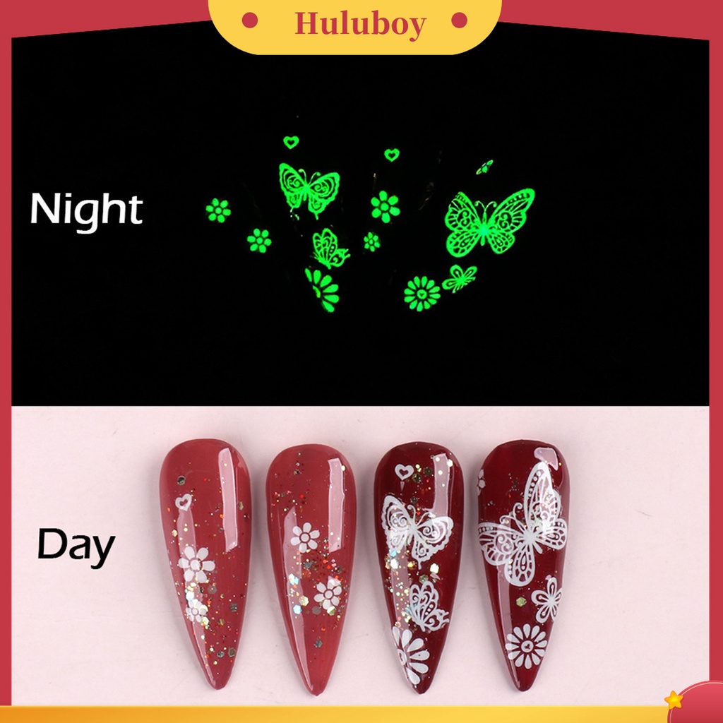 Huluboy Huluboy♡ 9 Pcs / Set Stiker Kuku 3D Glow In The Dark Desain Kupu-Kupu Bunga Slider Untuk Manicure