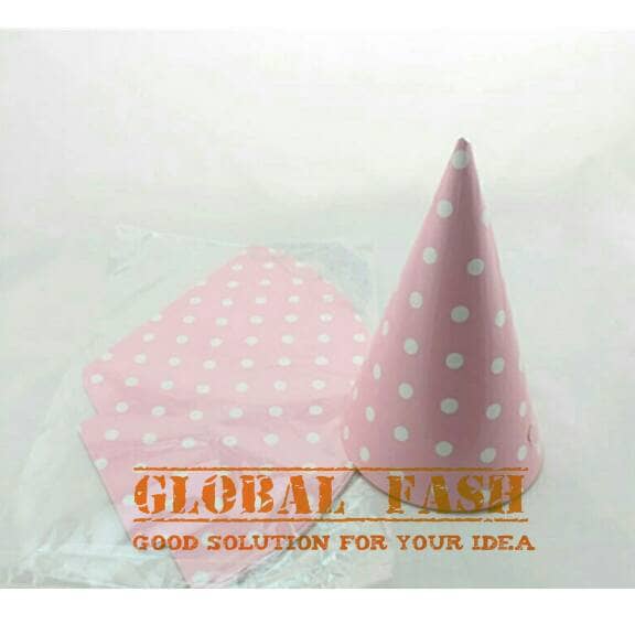 Topi polkadot pink / topi kerucut polkadot/ topi ultah pink polkadot/