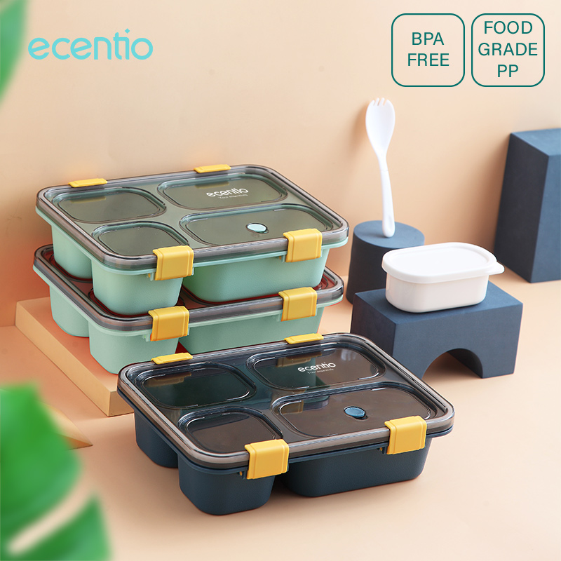 ecentio Kotak Makan 3/4 Grid Dengan Dengan Kotak Sup Dan Sendok Gratis Lunch Box Anti Tumpah Tempat Makan BPA Free