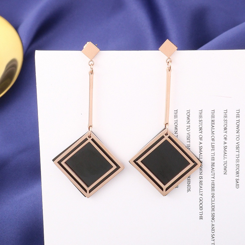 Anting petak juntai hitam titanium anti karat korea fashion - ercassia