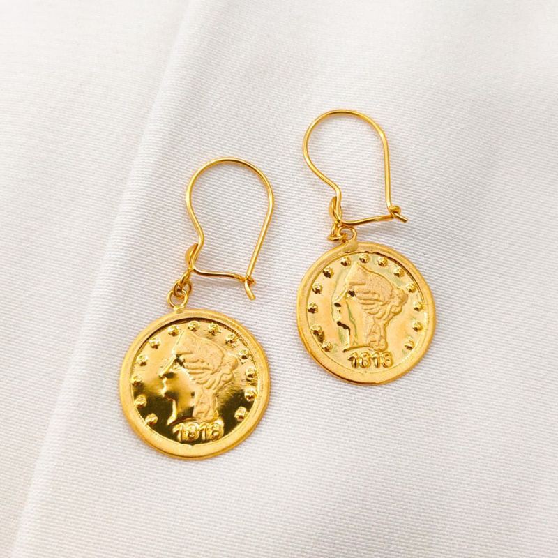 anting emas asli model pyramid koin dollar
